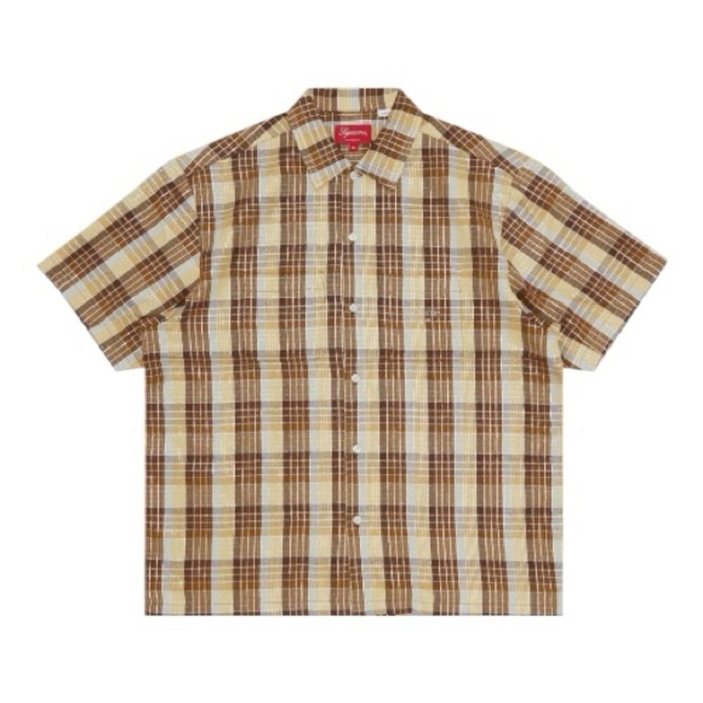 SUPREME Metallic Plaid Short-Sleeve Shirt Button Front Brown Size Small